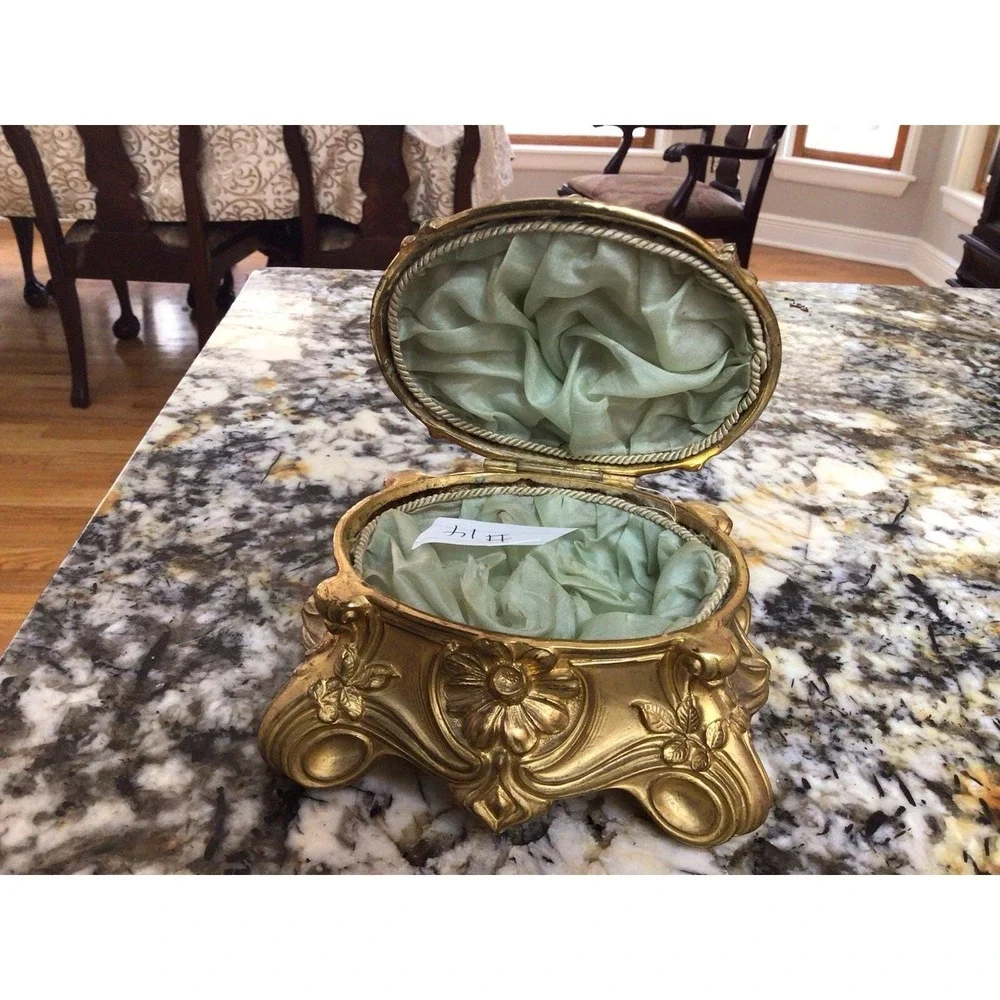 Vintage Ornate Jewelry Casket Trinket Box Gold Tone Floral Footed Vanity Box Hea